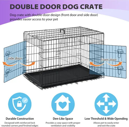 Miniatura 3 de BestPet Jaula para perros 30 pulgadas Negro Perrera de metal plegable con puertas dobles, pestillos seguros de perno deslizante, bandeja a