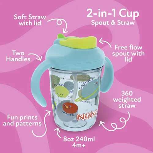 Miniatura 2 de Nuby Taza multifunción 2 en 1 para niños pequeños con popote con peso de 360° y boquilla dura, 8 onzas, asas de fácil agarre y tapa abatible, más