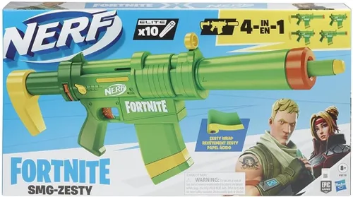 Nerf Fortnite SMG-Zesty Elite - Pistola de dardos extraíble y barril, clip extraíble de 10 dardos, 10 dardos oficiales Nerf Elite