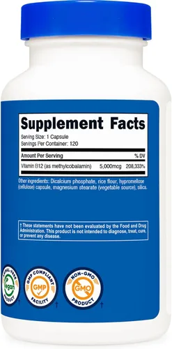 Miniatura 5 de Nutricost Vitamina B12 (metilcobalamina) 5000mcg, 120 cápsulas – Cápsulas vegetarianas, sin OMG, suplemento B12 sin gluten