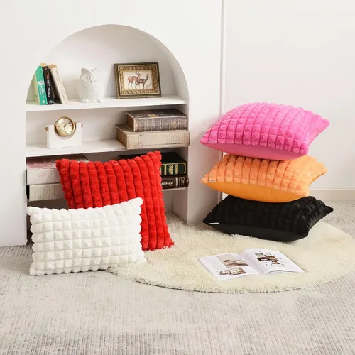 Miniatura 6 de FUTEI Juego de 2 fundas de almohada decorativas burdeos de 22 x 22 pulgadas, fundas de cojín cuadradas color rojo vino, a cuadros de piel sintética