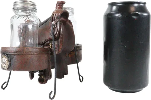 Miniatura 6 de Ebros Gift Country Western Cowboy Horse Sillín con 2 alforjas y conchos plateados, juego de estatuillas de sal y pimentero, acabado de cuero