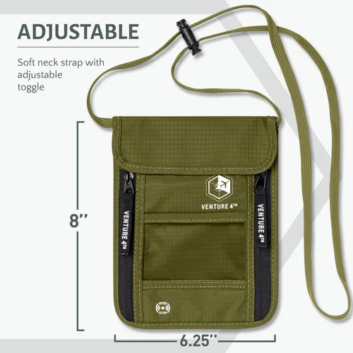 Miniatura 2 de Cartera de viaje para el cuello con bloqueo RFID, bolsa de cuello para pasaporte para hombres y mujeres para mantener los documentos seguros, Verde