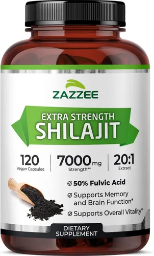 Zazzee Extracto 20:1 de Shilajit del Himalaya 100% puro, 50% ácido fúlvico, 120 cápsulas veganas, suministro de 4 meses, rico en minerales traza,