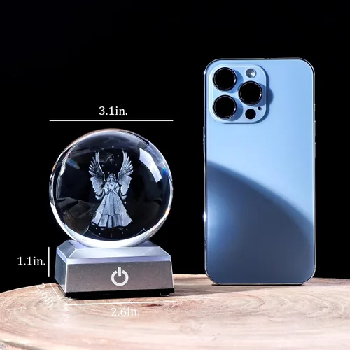 Miniatura 4 de Figuras de ángel de la guarda 3D K9 bola de cristal con base LED plateada, regalos de ángel conmemorativo para amigas y mujeres, decoración