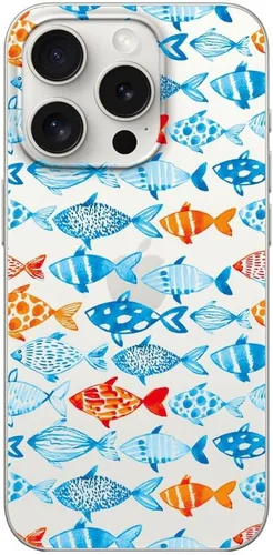 Blingy's Funda para iPhone 15 Pro Max, lindo patrón de peces, divertido diseño de playa, océano, verano, animal, transparente, TPU suave, funda Pez