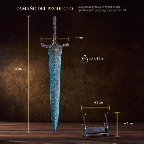 Miniatura 2 de RACEROCKET Elden Ring Espada de la Luna Oscura Gran espada de caballero recto Modelo de espada de metal de artes marciales de 11.8 pulgadas