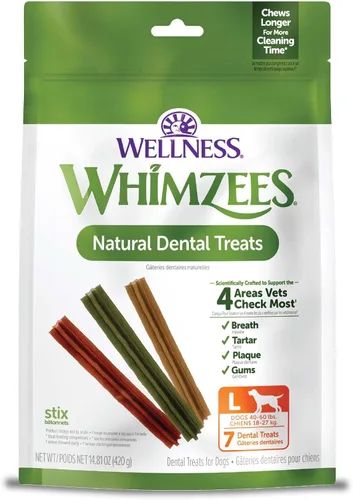 Whimzees Wellness Stix Golosinas dentales para perros, masticables naturales, barra de gran tamaño, (7 unidades)