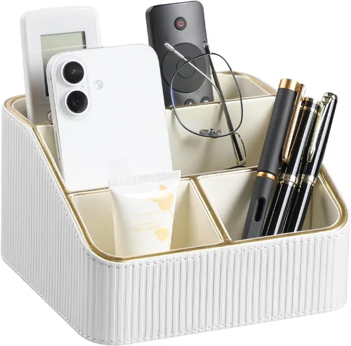 Miniatura 9 de Soporte para control remoto con 4 compartimentos, organizador de mesita de noche pequeña de piel sintética para accesorios de escritorio