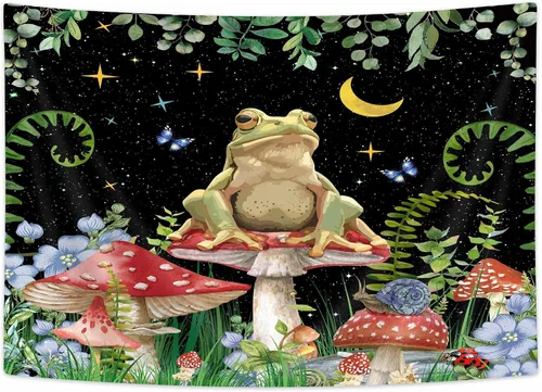 Miniatura 3 de JAWO Tapiz bohemio de hongos de rana, estrellas de luna para colgar en la pared, divertida decoración de casa de campo para dormitorio, sala