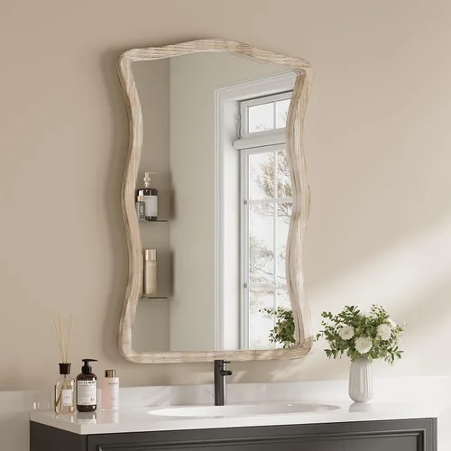Miniatura 12 de ULIKE Espejo rectangular de madera con marco de cuentas de madera natural, 24 x 36 pulgadas, espejo de pared rústico de granja para baño, guardería