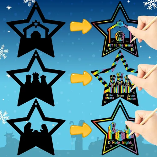 Miniatura 4 de CY2SIDE Juego de regalo de 60 piezas de tarjeta para rascar con estrella de Navidad para niños, papel mágico cristiano DIY para el nacimiento