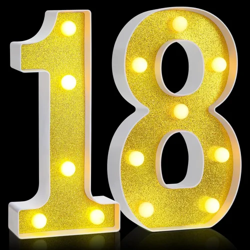 Miniatura 19 de Treela Números decorativos de cumpleaños de 8.7 pulgadas, letrero de número de marquesina con purpurina para decoración de fiesta de cumpleaños, Oro