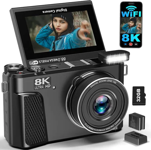 Cámara digital 8K para fotografía, cámara de videoblogs WiFi de 88 megapíxeles para YouTube, pantalla giratoria de 3" 180° y zoom digital 18X con