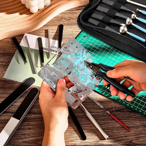Miniatura 7 de Juego de herramientas de rompecabezas de metal de 24 piezas, kits de modelos de bricolaje con cortaúminas, pestaña de doblado de borde, cilindro