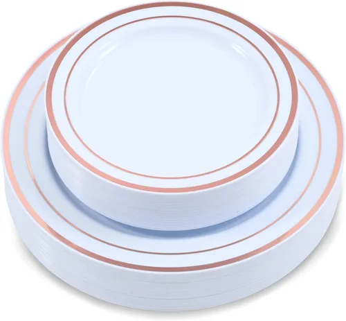 60 piezas de platos desechables de plástico blanco - Platos premium resistentes, 30 platos para cena y 30 platos para ensalada con borde dorado