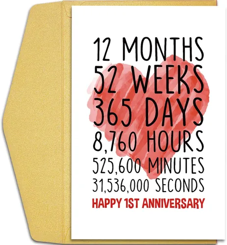 Qiliji Tarjeta de feliz primer aniversario para él y ella, tarjeta de felicitación de aniversario de boda, divertida tarjeta de aniversario de un
