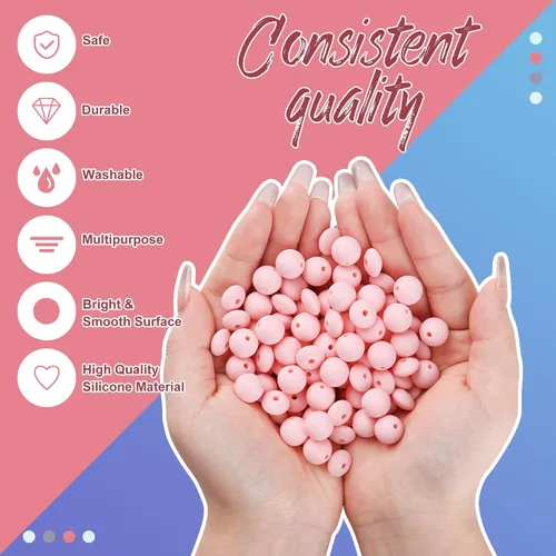 Miniatura 3 de 100 cuentas de silicona de 0.472 pulgadas para llavero, bolígrafo, collar, pulsera, manualidades, goma focal suelta a granel (rosa)