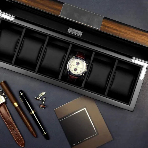 Miniatura 4 de Caja de 6 relojes Organizador de reloj para hombre Caja de almacenamiento de reloj grande Caja de almacenamiento de madera 6 relojes vitrina