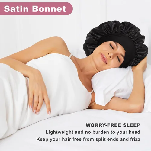 Miniatura 2 de 4 piezas de gorro de satén de seda, gorro de cabello para dormir, gorro de seda elástica de banda ancha para dormir, suave y transpirable