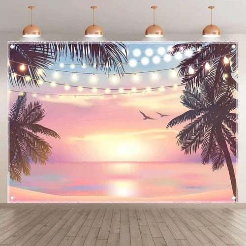 Miniatura 2 de ZTHMOE Telón de fondo de fotografía de verano rosa con puesta de sol de 8 x 6 pies, fondo de playa hawaiana Luau, decoración de fiesta de Aloha Tiki