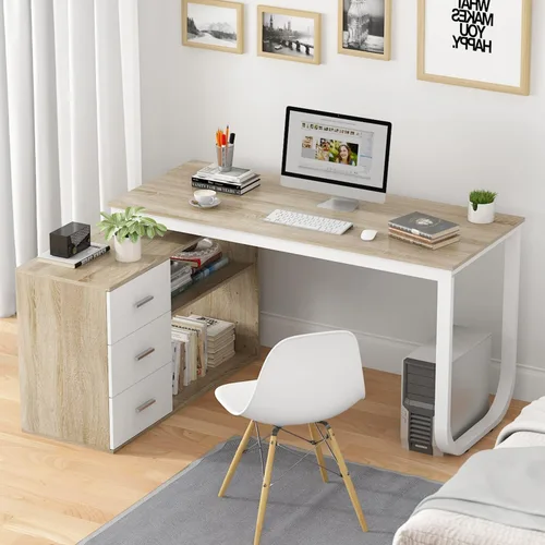 Miniatura 13 de Homsee Escritorio de esquina para computadora de oficina en casa con 3 cajones y 2 estantes, mesa de estudio grande en forma de L de 55 pulgadas