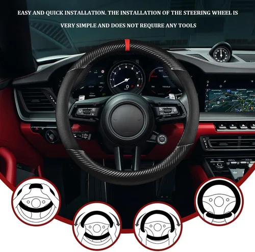 Miniatura 6 de Funda para volante de automóvil, accesorios para volante, cuero de microfibra de 15 pulgadas, fibra de carbono, suave, antideslizante, transpirable
