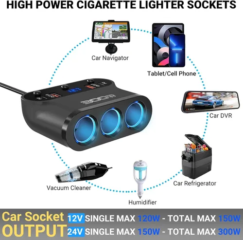 Miniatura 4 de Adaptador divisor de encendedor de cigarrillos de 300 W: divisor de coche de 12 V de 3 zócalos Extensión de cargador de coche Dual PD USB C y 18 W