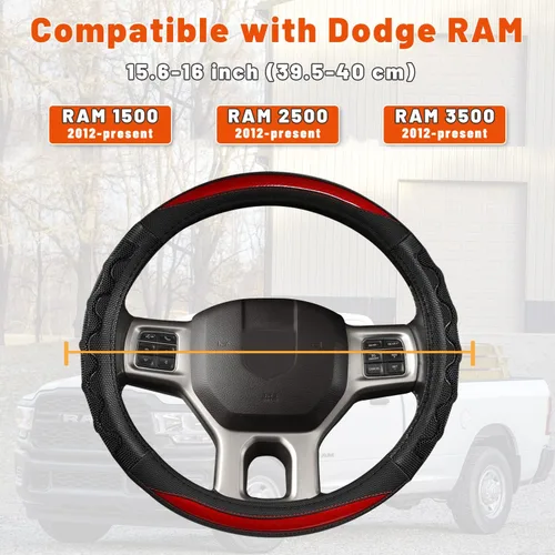 Miniatura 2 de GIANT PANDA Funda de volante para Dodge Ram 1500 - Fundas para volante de automóvil para Dodge Ram 2500 3500 15.5-16 pulgadas - Rojo B-negro+rojo