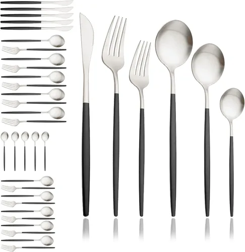Miniatura 8 de JASHII Juego de cubiertos mate de 36 piezas con mango plano acabado satinado negro acero inoxidable cubiertos servicio para 6 para cocina casera
