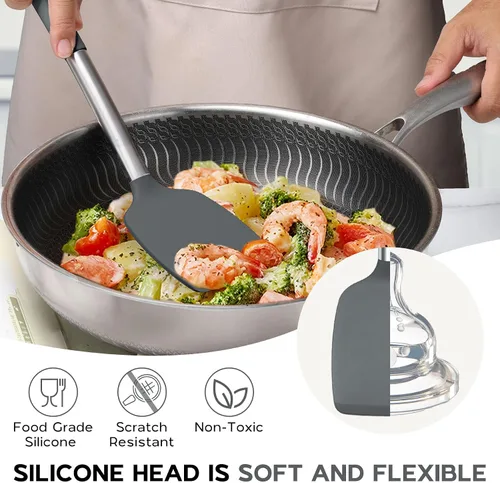 Miniatura 7 de Onader Juego de Utensilios de Cocina de 15, Utensilios de Silicona y Acero Inoxidable Juego de Espátulas con Soporte, Resistente al Calor y Apto Gris