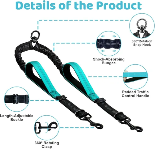 Miniatura 3 de Correa doble para perro, divisor sin enredos para dos perros, acoplador con cuerda de plomo larga ajustable, asas de control dual, elástico