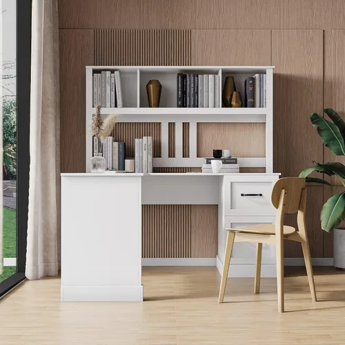 Miniatura 3 de Holaki Escritorio en forma de L, escritorio de computadora con cajones, estantería y gabinete, escritorio esquinero moderno, oficina en casa, mesa