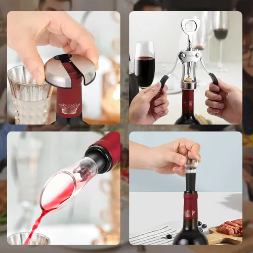 Miniatura 4 de Beneno Abridor multifuncional de botellas de vino con ala de regalo, sacacorchos, cortador de aluminio, tapón al vacío y vertedor aireador, perfecto