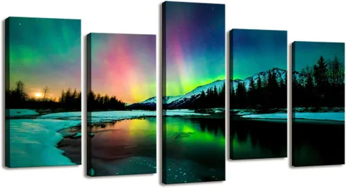 S01927 5 piezas de arte de pared Aurora paisaje pintura sobre lienzo estirado y enmarcado, pinturas de lienzo listas para colgar para decoración del