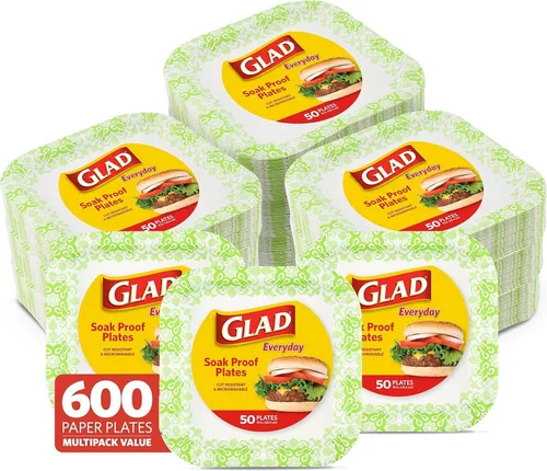 Miniatura 14 de Glad Platos cuadrados de papel desechables, patrón victoriano verde, fuertes, resistentes, a prueba de remojo y aptos para microondas para cena