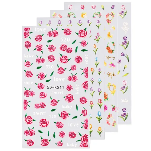 Miniatura 15 de Calcomanías de uñas, 4 hojas en relieve floral 5D, autoadhesivas para manicura de bricolaje
