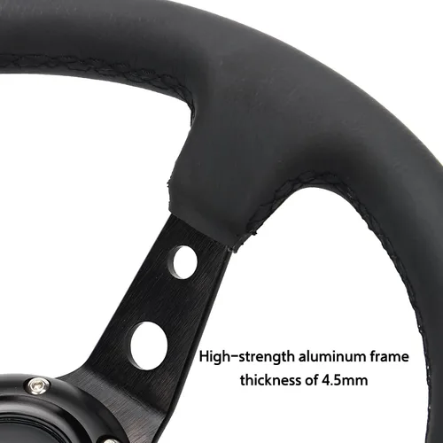 Miniatura 5 de Volante universal de carreras de 6 pernos 320mm 12.5" de cuero genuino negro con agarre, marco de aluminio, volante deportivo de llanta profunda