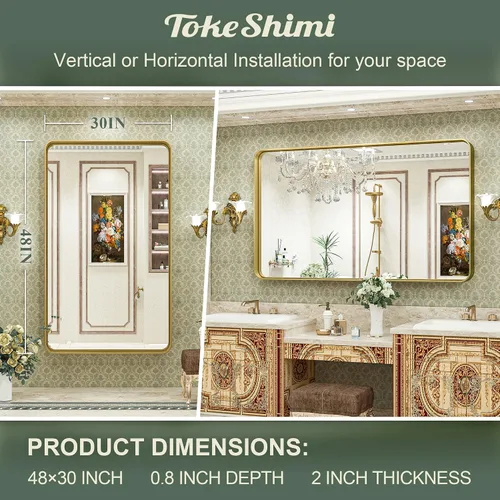 Miniatura 6 de TokeShimi Espejo de baño dorado para pared, de 48 x 30 pulgadas, espejo rectangular de esquina redondeada de metal, espejo de pared en aleación