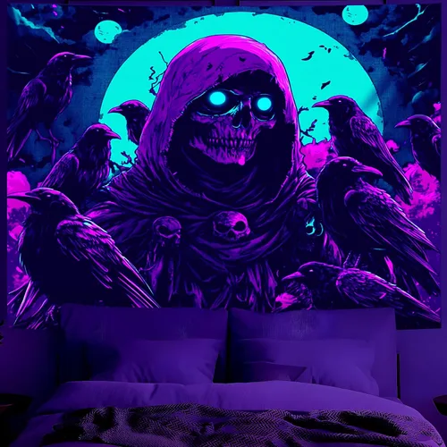 Miniatura 13 de BVBOX Tapiz de Halloween con luz negra, reactivo a los rayos UV que brilla en la oscuridad, póster de tapiz trippy con luz negra para sala de estar