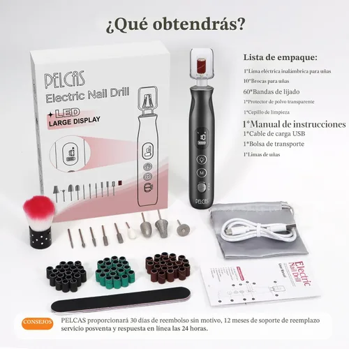 Miniatura 7 de PELCAS Limadora de Uñas Eléctrica, taladro de uñas inalámbrico de 10 velocidades con luz LED, kit portátil de manicura y pedicura, lima de uñas