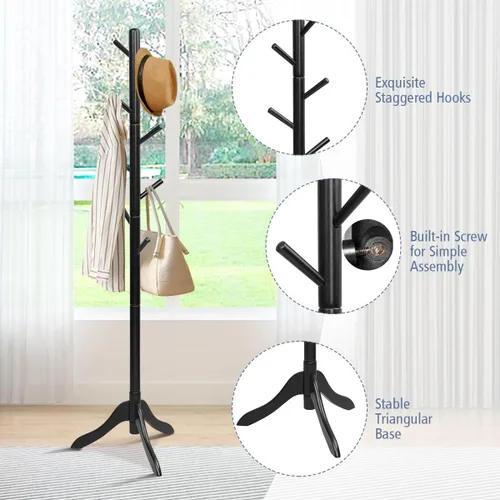 Miniatura 7 de Tangkula Perchero de madera para árbol independiente, soporte de entrada con 8 ganchos, altura ajustable, perchero para el hogar, oficina, pasillo