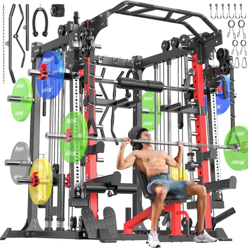 Miniatura 19 de Máquina Smith con sistema de cruce de cables, jaula de potencia multifunción para sentadillas y rack de potencia para gimnasio en casa, rack de Negro