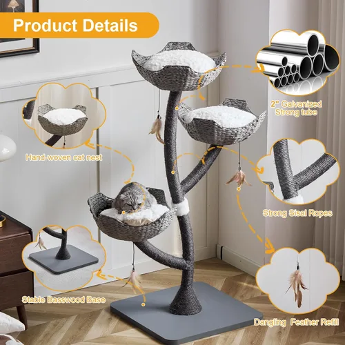 Miniatura 3 de Torre de árbol gris moderno de 52 pulgadas de alto para gatos grandes, postes rascadores para gatos con cestas tejidas a mano Condominio de lujo
