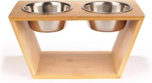 BambooMN Comedero elevado para perros, soporte 100% bambú, 4 cuencos de metal para comida y agua, mediano