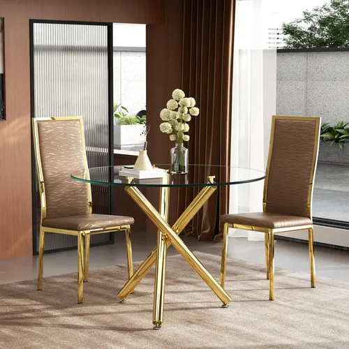 Miniatura 24 de Moderno juego de mesa redonda de cristal para 2, juego de mesa de cocina de círculo pequeño de 36 pulgadas con 2 sillas de comedor de piel sintética