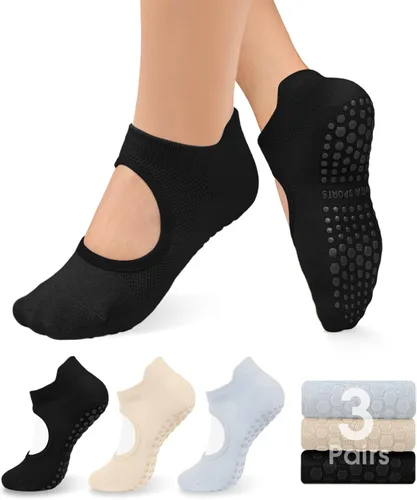 Miniatura 7 de Diu Life Paquete de 3 Calcetines de Pilates Yoga con Agarres para Mujeres, Antideslizantes, Entrenamiento, Pure Barre, Ballet, Danza, Calcetines