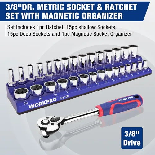 Miniatura 2 de WORKPRO 32 llaves métricas de 3/8 pulgadas y trinquete, incluyendo 30 enchufes métricos profundos y poco profundos, 0.236-0.787 in con organizador