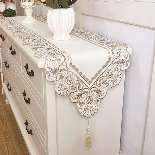 Miniatura 4 de Arzoe Camino de mesa de encaje con flores europeas vintage, corredores elegantes, decoración de mesa de armario y comedor (borgoña, 16×59 pulgadas)