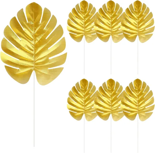 KIMOBER 24 piezas de hojas de palma artificiales doradas, hojas tropicales sintéticas de Monstera doradas, hojas de plantas artificiales realistas